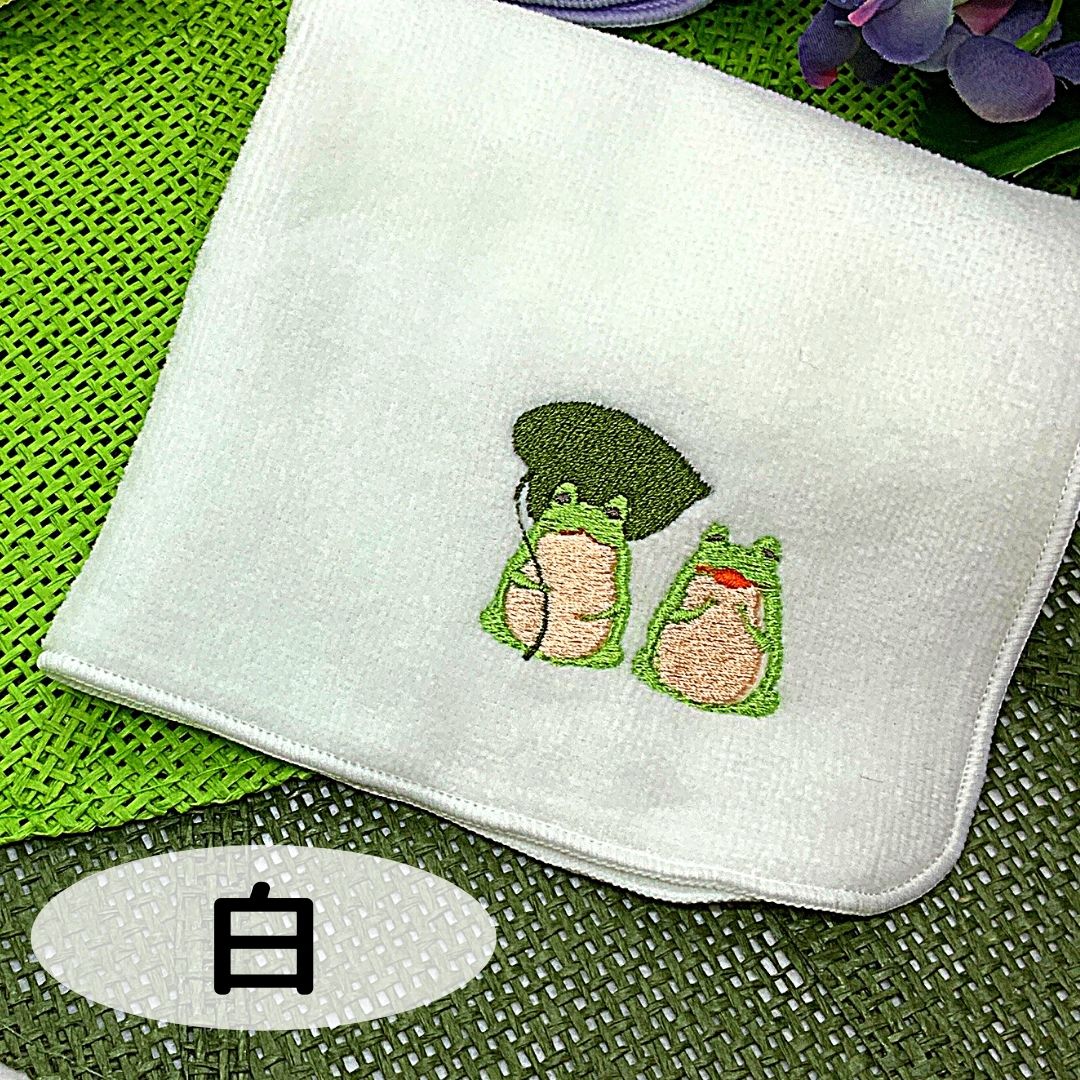 受注生産商品】刺繍はんどたおる 今治産 日本製 カエル2 白 ピンク