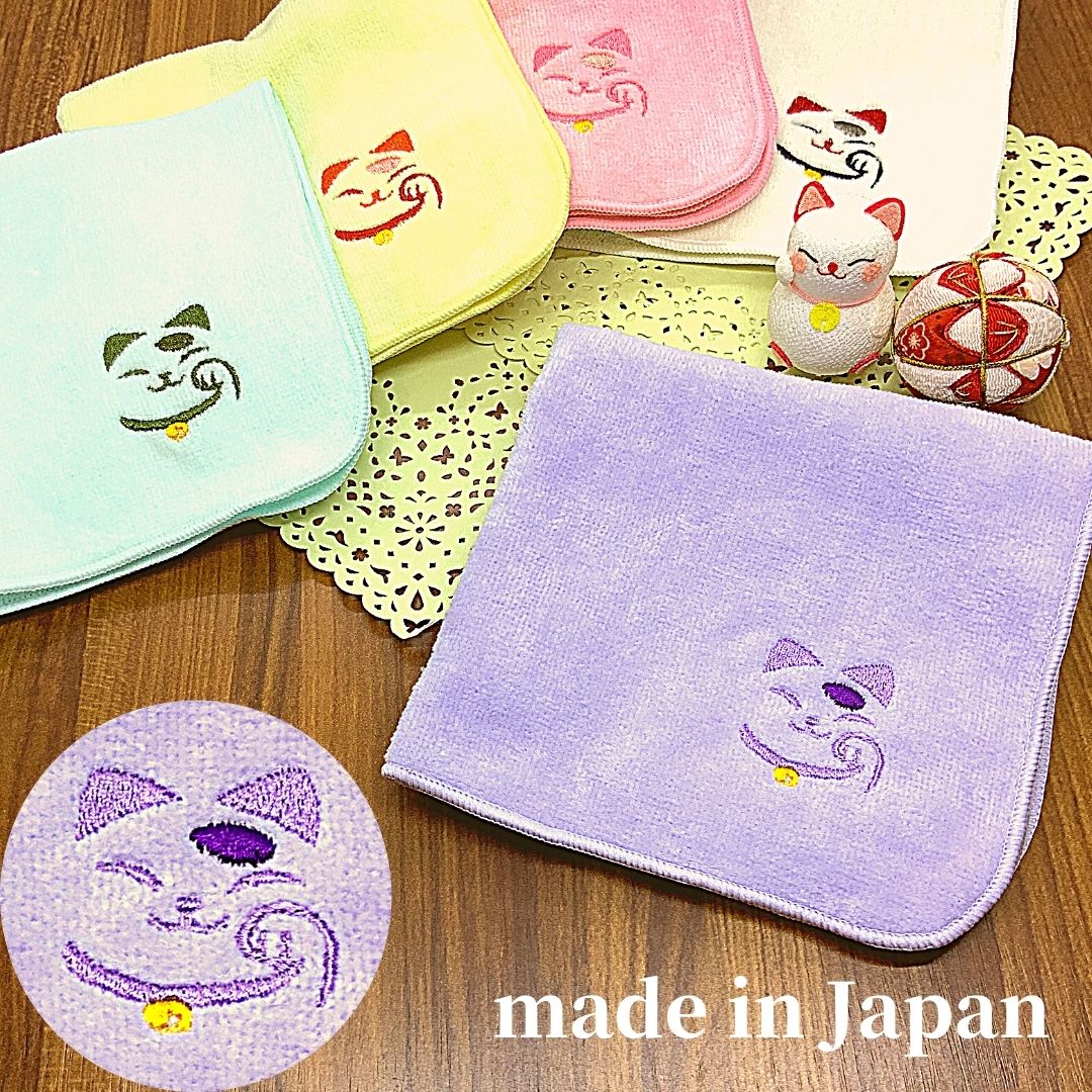 【受注生産商品】刺繍はんどたおる　今治産　日本製　招き猫　白　ピンク　ハンドタオル　タオル　ハンカチ