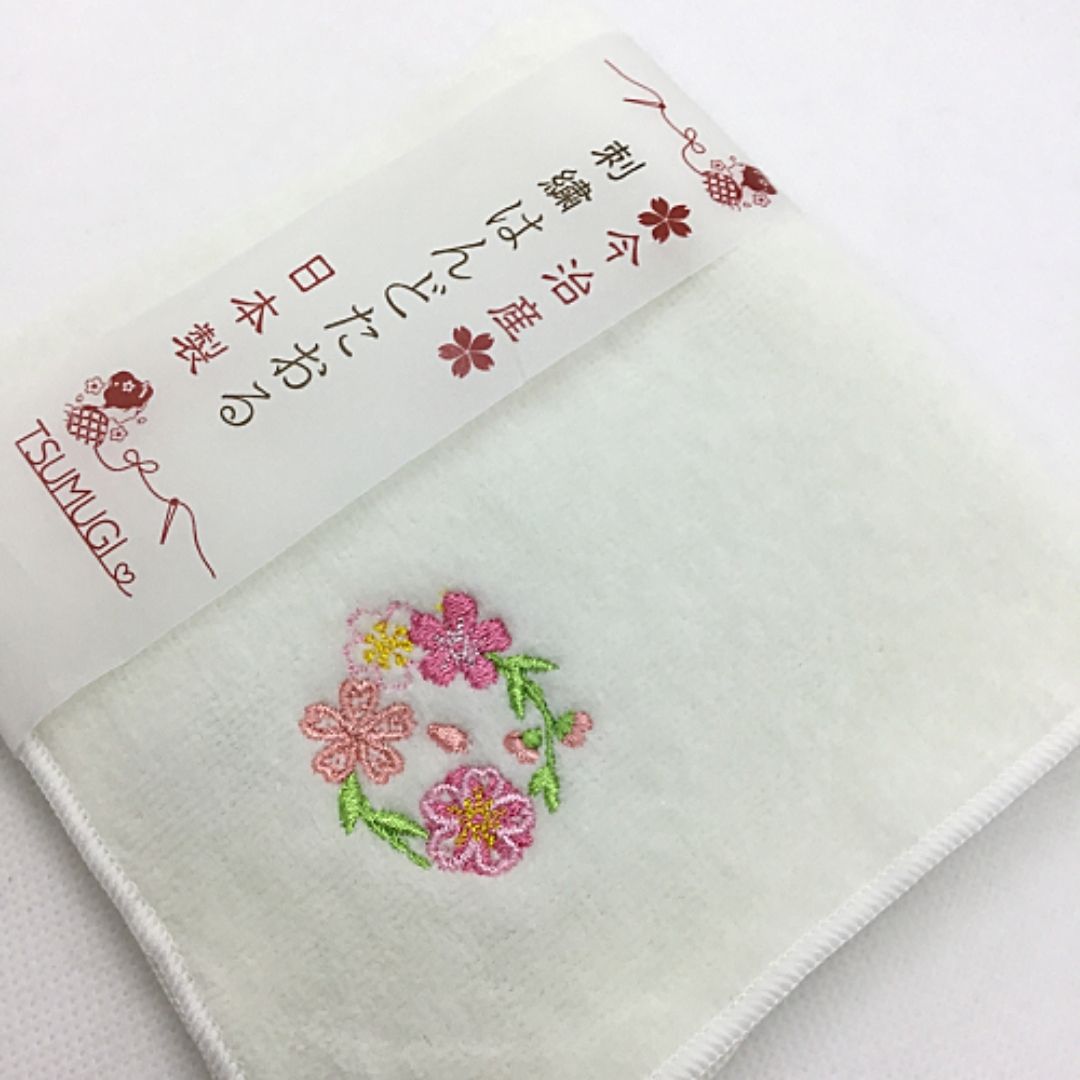 受注生産商品】刺繍はんどたおる 今治産 日本製 桜 白 ピンク さくら 